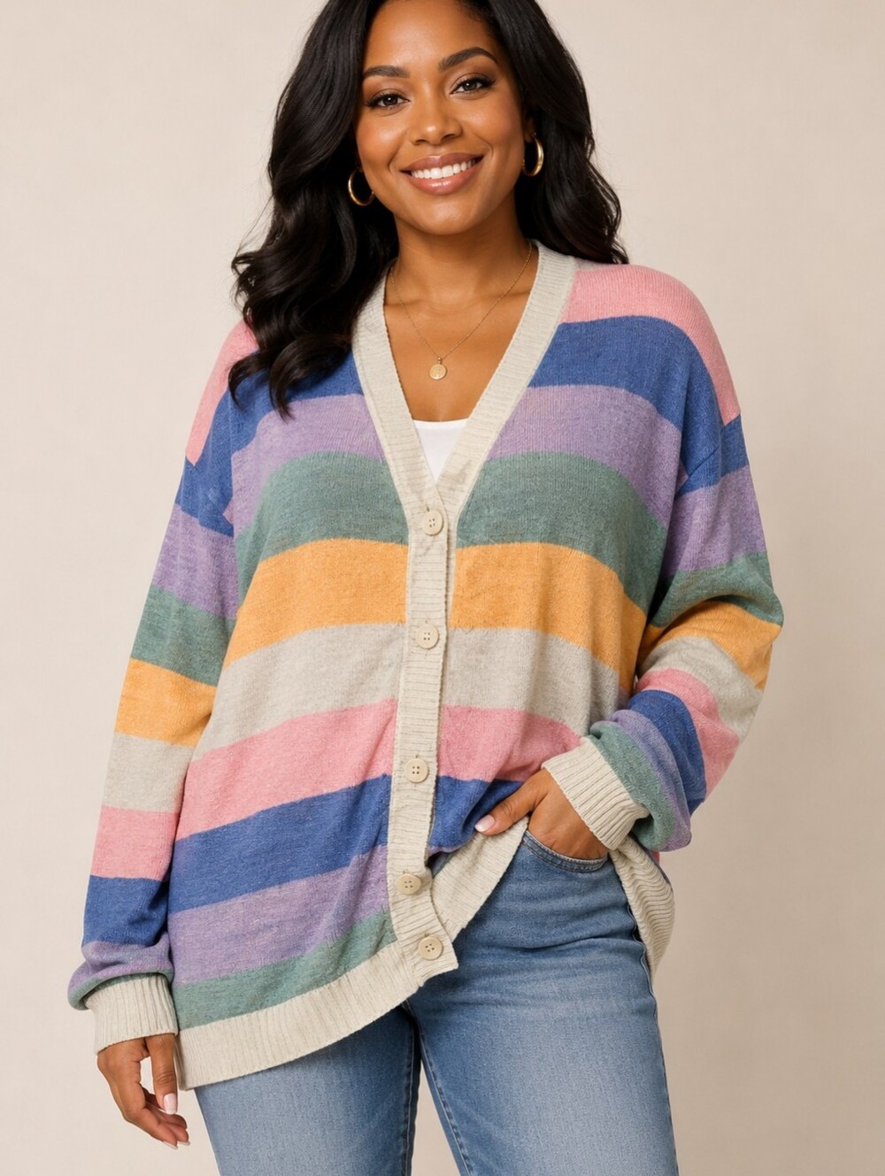 RD Style Striped Colorblock  Women's Button Down Cardigan - NWT